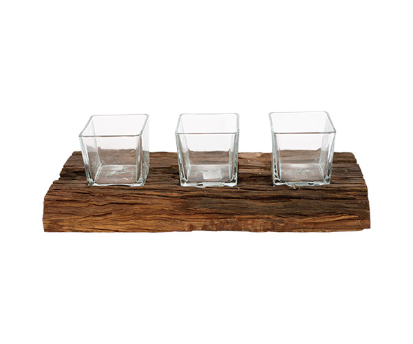 TRONCO RUSTICO C/3 POTES VIDRO QUAD 10X10CM