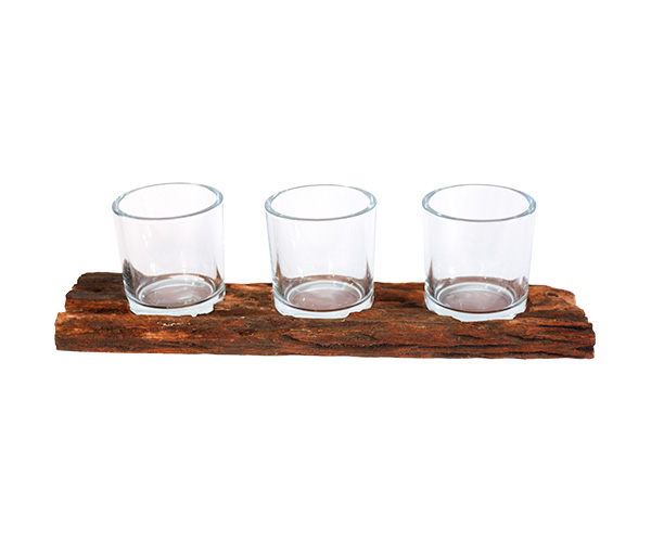 TRONCO RUSTICO C/ 3 POTES VIDRO REDONDO 14 CM