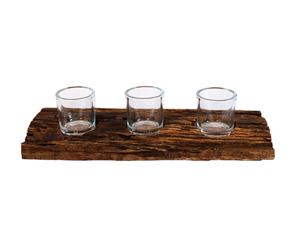 TRONCO RUSTICO C/ 3 POTES VIDRO REDONDO 10 CM