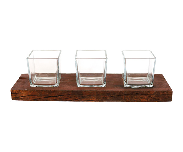 TRONCO RUSTICO C/ 3 POTES VIDRO QUADRADO 14 CM