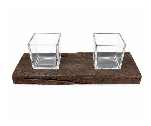 TRONCO RUSTICO C/ 2 POTES VIDRO QUADRADO 15CM