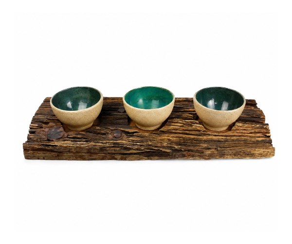 TRONCO RUSTICO C/ 3 BOWLS OLIVA 7,5X13CM