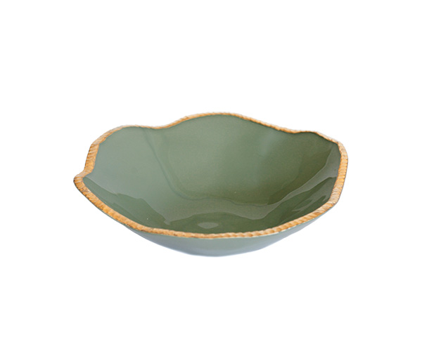 SALADEIRA VIDRO VERDE BORDA OURO 32X10CM