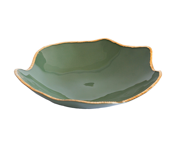 SALADEIRA VIDRO VERDE BORDA DOURADA 48X10CM