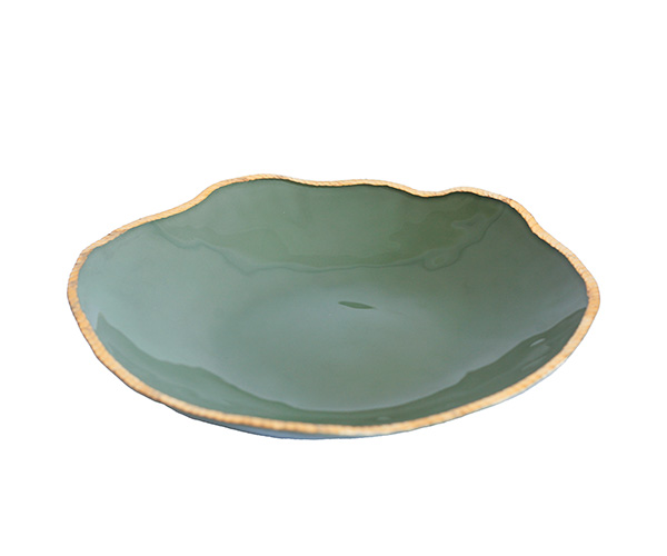 SALADEIRA VIDRO VERDE BORDA OURO 41X12CM