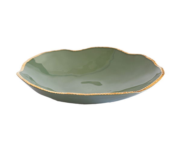 SALADEIRA VIDRO VERDE BORDA OURO 46X9CM
