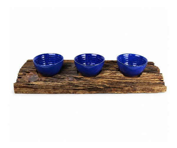 TRONCO RUSTICO C/ 3 BOWLS AZUIS