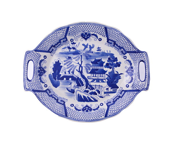 PRATO PORCELANA OVAL BRANCO AZUL 35X27