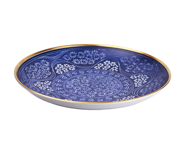 PRATO AZUL FLORIDO FILETADO OURO MV 23,5CM