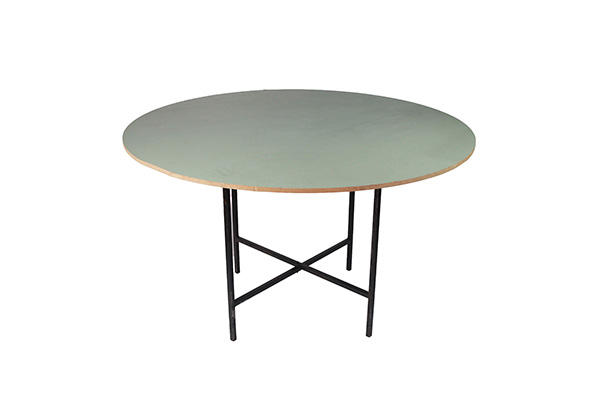 MESA MADEIRA TAMPAO E CAVALETE FERRO RED D=1,30M