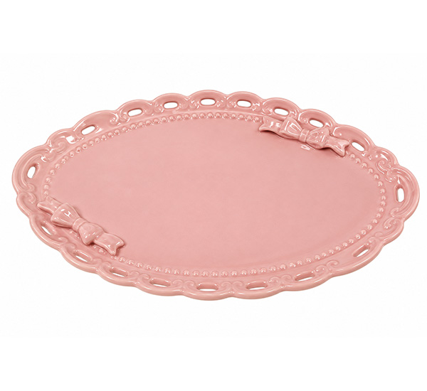 BANDEJA PORCELANA OVAL ROSA C/ LACINHOS