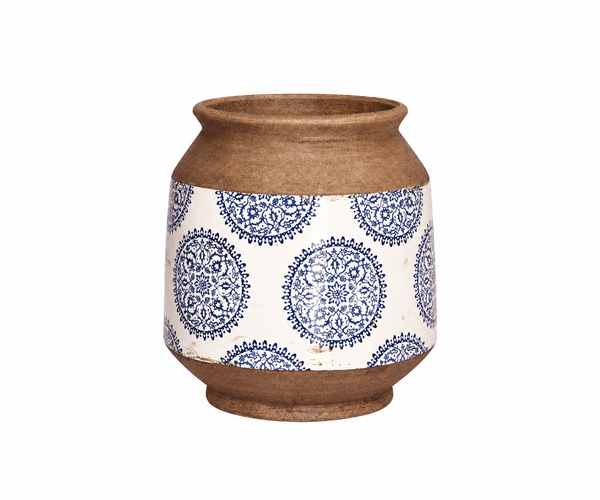 VASO CERAMICA BRANCO AZUL COM BORDA CINZA 22X14