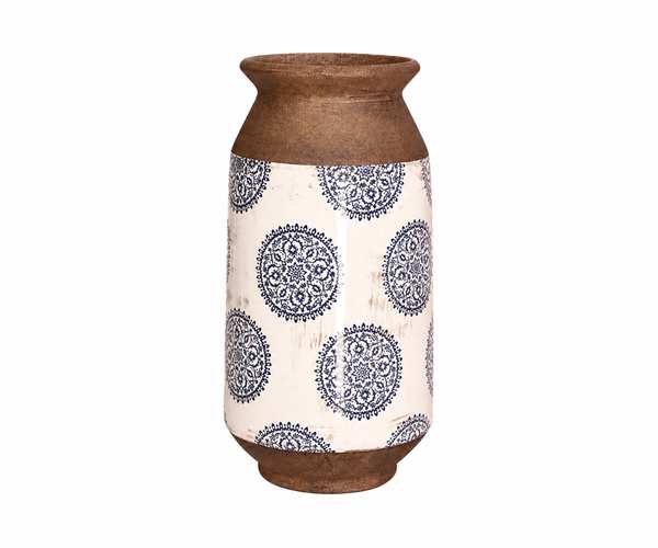 VASO CERAMICA BRANCO AZUL COM BORDA CINZA 34X14